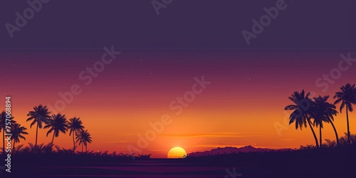 A beautiful sunset over a beach with palm trees in the background © xartproduction