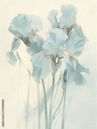 Iris blooming, bathed in soft light, exudes serenity and grace against a muted pure backdrop, minimalist form and light photo