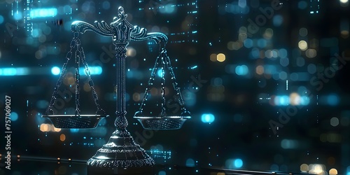 Digital scales of justice symbol with futuristic tech theme cyber law concept. Concept Digital Scales of Justice, Futuristic Tech, Cyber Law Concept