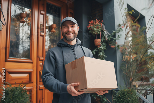 Delivery man brings a large brown box and smile at the front door of private house