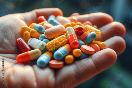 Handful medicine capsules and pills
