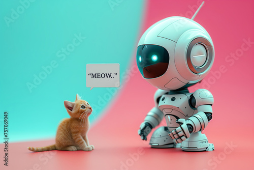 Miniature ai robot listening the sound of a tabby kitten, learning to copy the voice, ai voice cloning concept