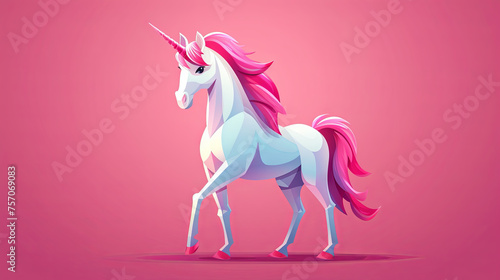 The pink with white unicorn with a single large  pointed  spiraling horn projecting from its forehead. starry background  cartoon Mythological character  pink background