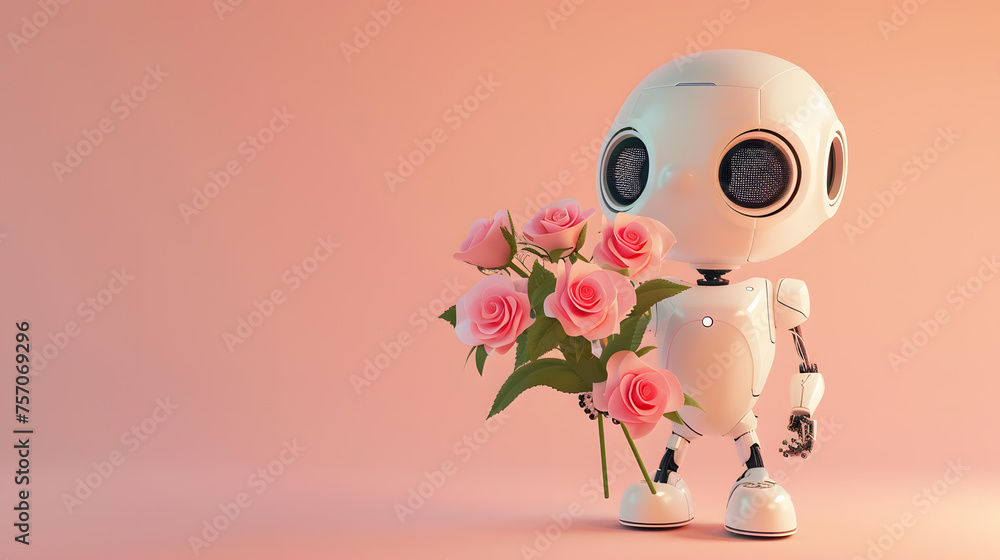 Fototapeta premium Small retro cute robot with fresh flowers bouquet isolated on pastel background copy space for text
