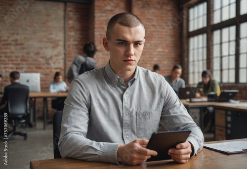 Determined young man using a tablet in a modern office. Serious and professional tech engagement.