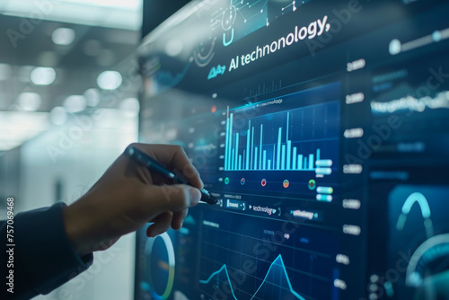 Digital AI learning growth graphs and financial data with hologram chart on the virtual screen