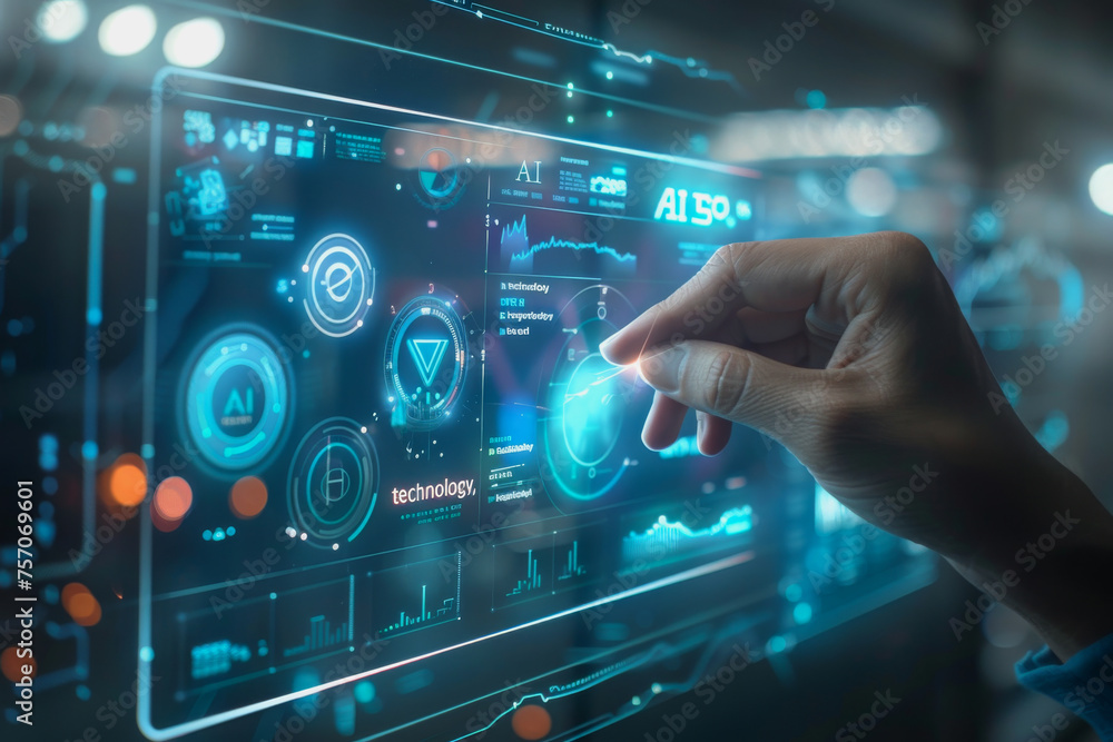 Digital AI learning growth graphs and financial data with hologram chart on the virtual screen Digital AI learning growth graphs and financial data with hologram chart on the virtual screen