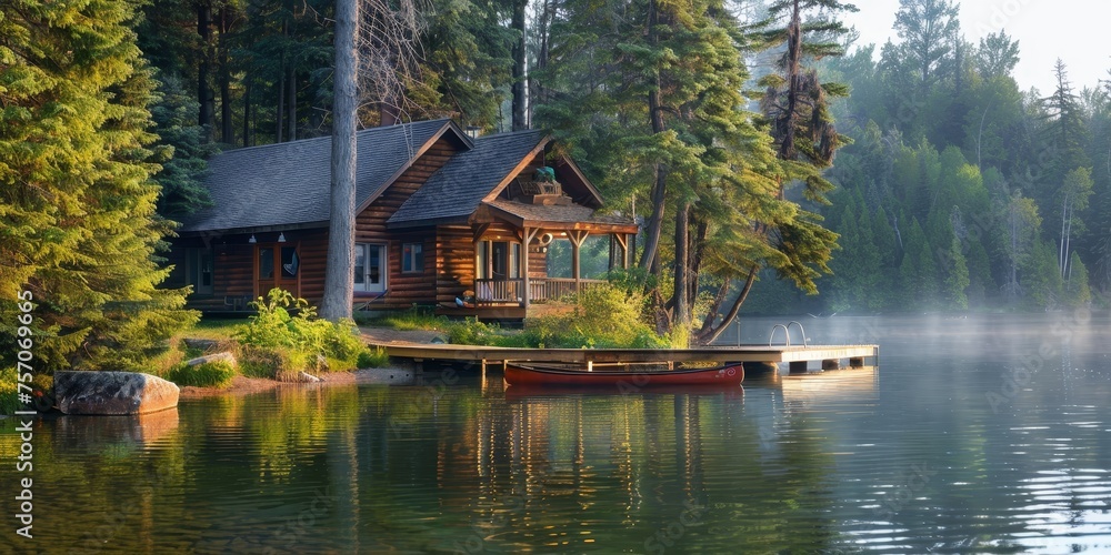 A house with a dock is on a lake