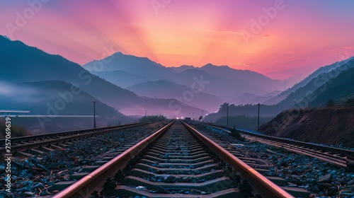In the valleys where the train tracks pass through, the silhouettes of surrounding mountains create incredible vistas during sunrise and sunset, with the contrasting colors between the colorful sky  photo