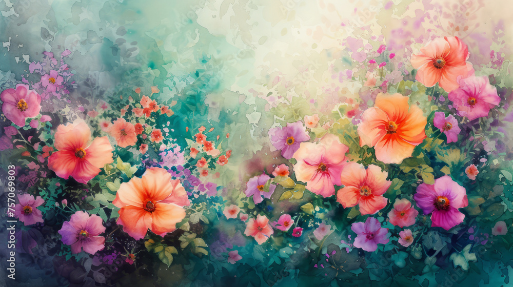 Watercolor painted lush garden with vibrant flowers in full bloom - obrazy, fototapety, plakaty 