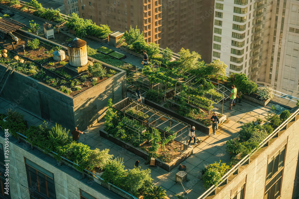 Aerial view of residents enjoying gardening on an apartment rooftop urban garden