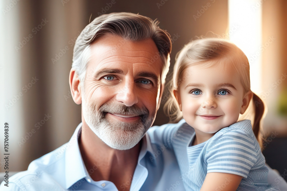 Happy Fathers Day. Handsome Father and his daughter smile and hug. Family vacation and unity. Place for text and your advertising. Happy Fathers Day. Handsome Father and his daughter smile and hug. Family vacation and unity. Place for text and your advertising.