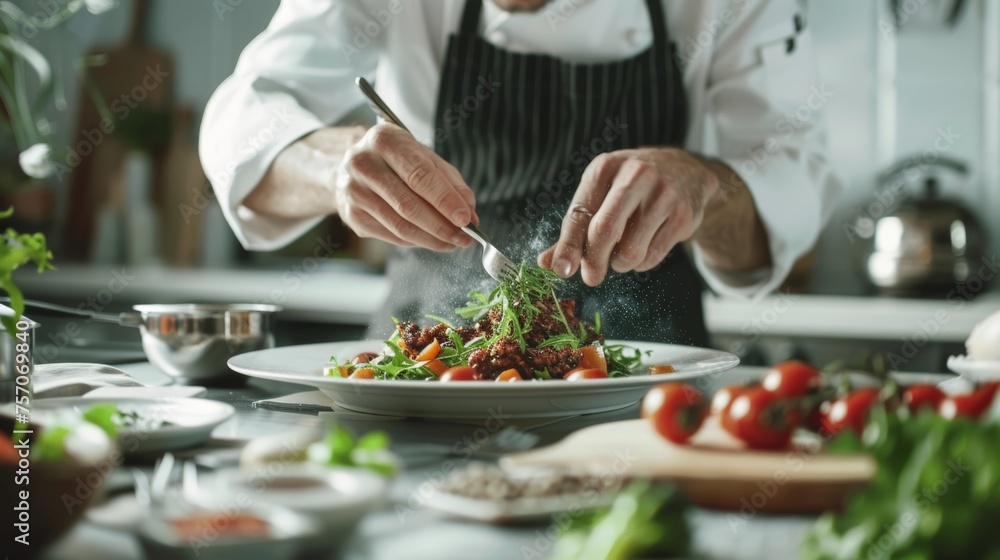 The chef is creating a special menu. The chef is creating a special menu.