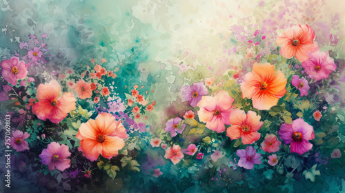 Watercolor painted lush garden with vibrant flowers in full bloom