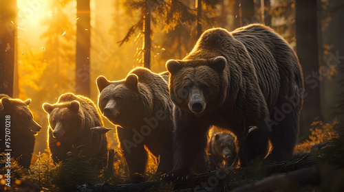 Grizzly bear family walking towards the camera in the forest with setting sun. Group of wild animals in nature. © linda_vostrovska