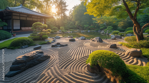Serene Zen garden with meticulous raked sand and lush greenery at sunrise