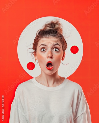 A woman looking shocked on colored background