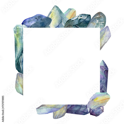 Hand drawn watercolor illustration precious jewel gem crystal chakra birth stone. Amethyst aquamarine moonstone lapis. Square frame isolated on white background. Design print, shop, jewelry, fashion photo