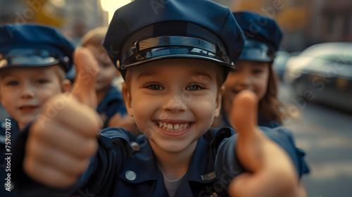 Group of children smiling, having thumbs up doing their dream job as Police Officers standing in the street with traffic. Concept of Creativity, Happiness, Dream come true and Teamwork. photo