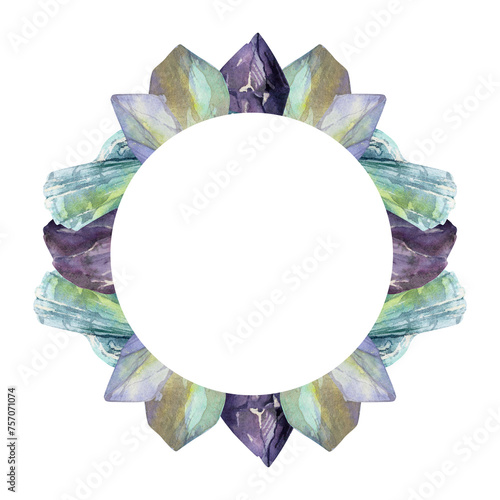 Hand drawn watercolor illustration precious jewel gem crystal chakra birth stone. Amethyst aquamarine moonstone lapis. Wreath frame isolated on white background. Design print, shop, jewelry, fashion photo