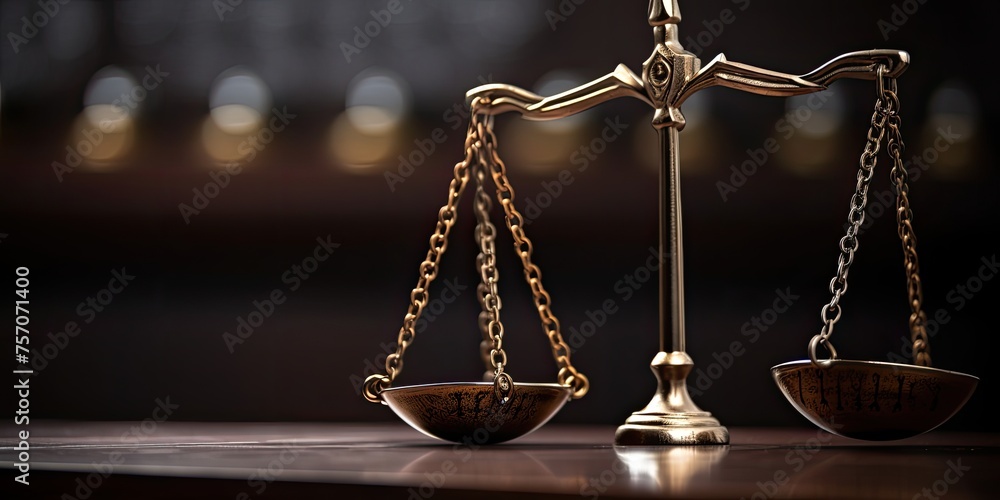A set of gold scales, symbolic of balance and justice, perfectly suited for business, financial, or legal concepts - obrazy, fototapety, plakaty 