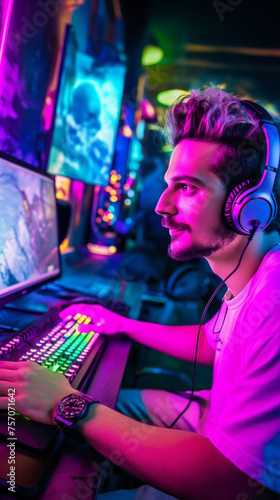 A young Caucasian man, a professional streamer gamer playing an online video game on a computer with neon pink and blue lighting, Live Streaming. Esports, Technology, Hobbies and Leisure concepts.