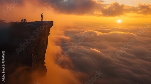 A Lone Rambler Halts on a Cliff Dawns Ethereal Embrace of a Mountain Piercing the Ocean of Clouds