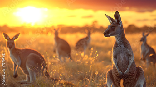 Kangaroo standing in the savanna with setting sun shining. Group of wild animals in nature.