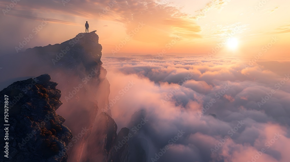 Fototapeta premium Solitary Sojourn A Lone Rambler Overlooking a Cloud Ocean at Dawn