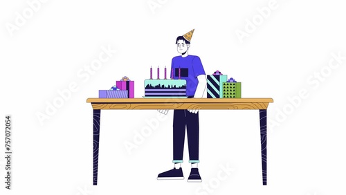 Asian male blowing birthday candles line cartoon animation. Home festive party 4K video motion graphic. Young nab making with at party 2D linear animated character isolated on white background photo