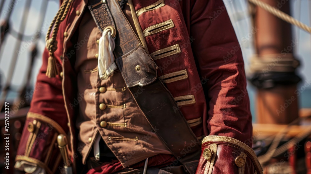 Close-up of a man exuding pirate charm in a detailed costume
