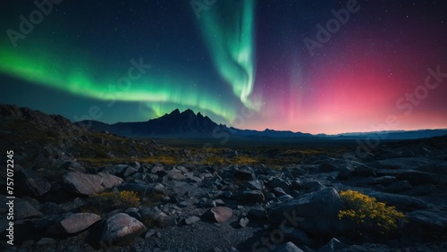 Aurora Borealis Bliss Rocky Landscape Bathed in Ethereal Lights Against a Blue Sky