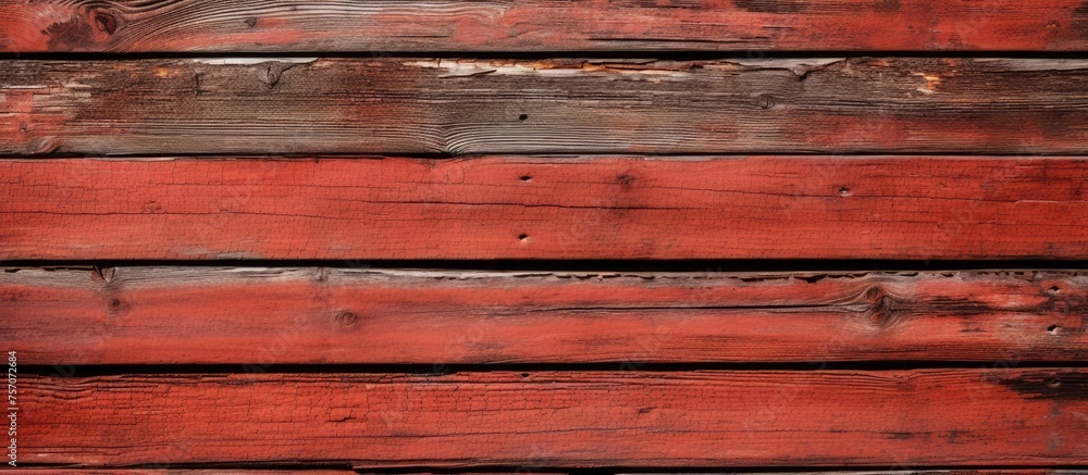 A detailed view of a rectangular patterned red hardwood plank wall with brickwork, showcasing various tints and shades of wood stain A detailed view of a rectangular patterned red hardwood plank wall with brickwork, showcasing various tints and shades of wood stain