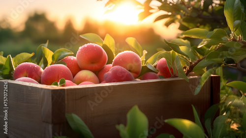 Nectarines harvested in a wooden box with orchard and sunset in the background. Natural organic fruit abundance. Agriculture, healthy and natural food concept. Horizontal composition. photo