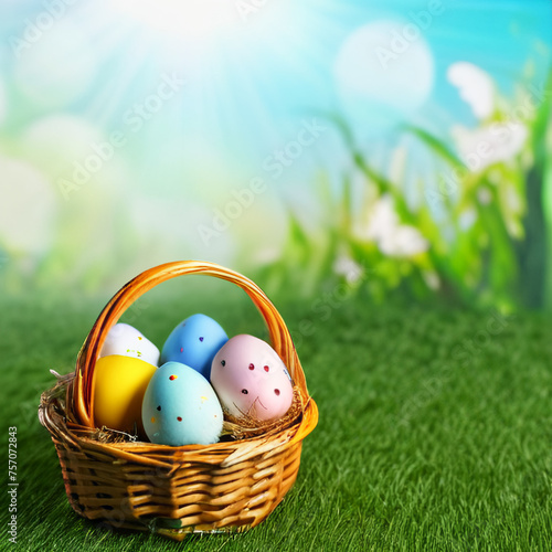 spring easter background, basket with colorful eggs on a green lawn on a sunny day