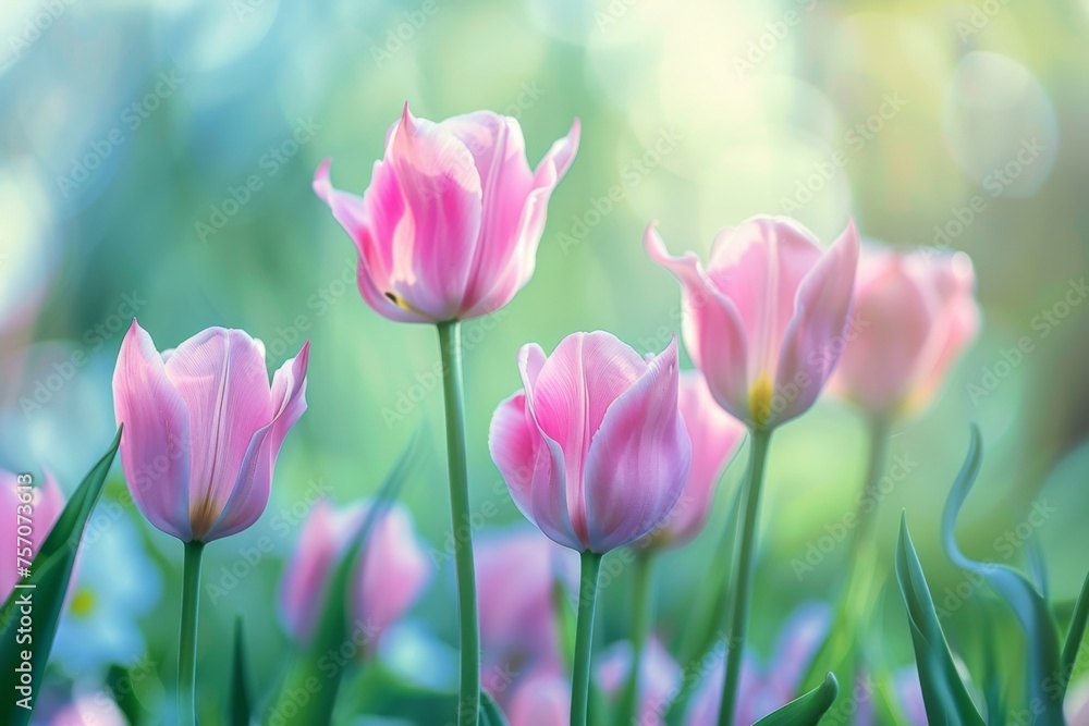 Beautiful delicate spring background with pink tulip flowers close-up.
