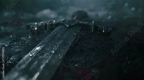 Legendary mythical sword laying on a rocky surface