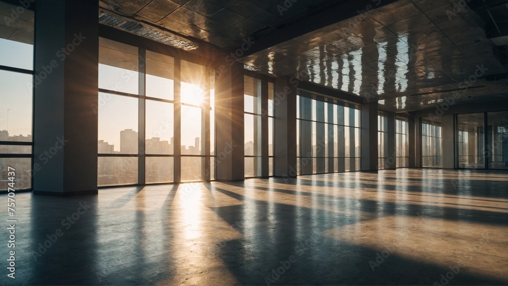 empty office space where the sun's rays penetrate the space, concrete floors, a new beginning empty office space where the sun's rays penetrate the space, concrete floors, a new beginning