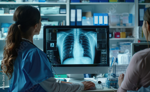 A woman doctor in a blue uniform is working with a digital panoramic chest x-ray on a computer in a medical room, while a woman patient stands nearby. She is examining the x-ray for signs of cancer
