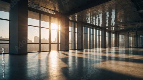 empty office space where the sun's rays penetrate the space, concrete floors, a new beginning photo
