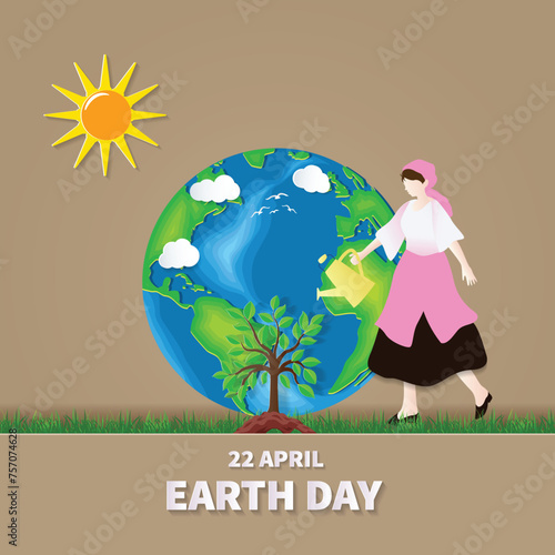 Paper Style Mother Earth Day Concept, a Woman Watering a Tree photo