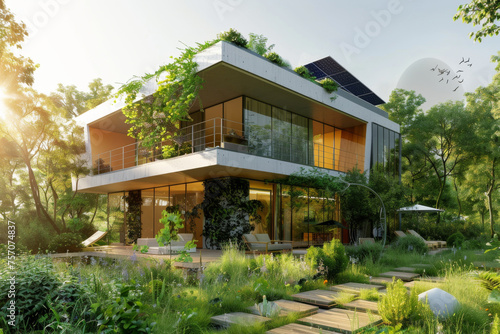 Eco-Friendly Modern Home with Solar Panels in a Lush Green Environment