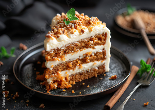 A Piece of Carrot cake on a plate, close-up angle view, ultra realistic food photography
