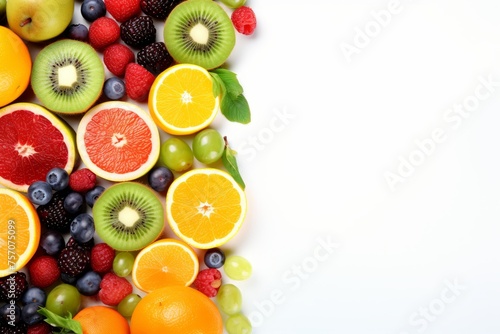 Assorted fresh fruits on white background with copy space for text  healthy organic food concept