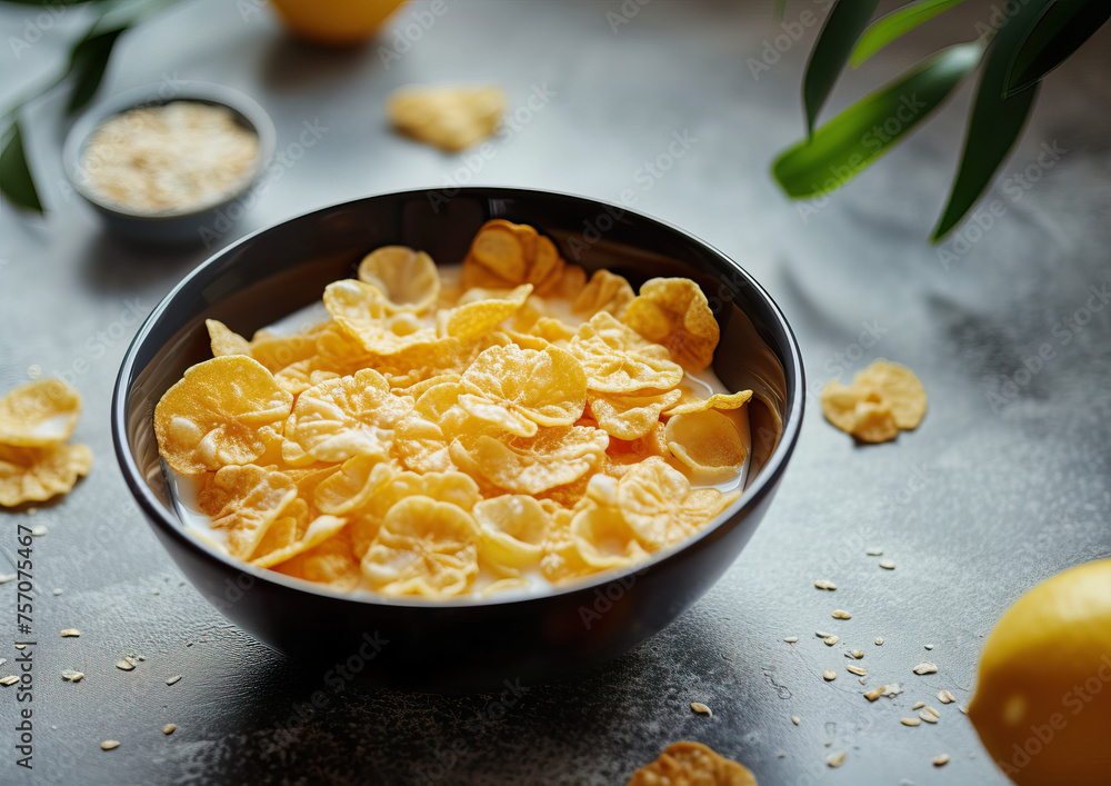 A Bowl of cornflakes with milk, close-up angle view, ultra realistic food photography
A Bowl of cornflakes with milk, close-up angle view, ultra realistic food photography