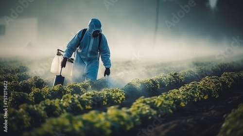 Agricultural pest control. spraying plants in fields to protect from harmful pests