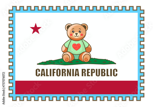 Vector fictional flag of California Republic. Sitting cute brown cartoon toy Teddy bear in a green shirt with a heart. American state.