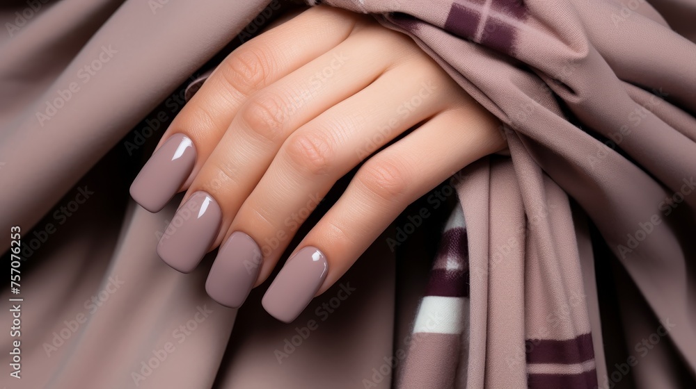 Fototapeta premium Close-up of womans hands with elegant neutral-colored manicure in chic and trendy nail art designs