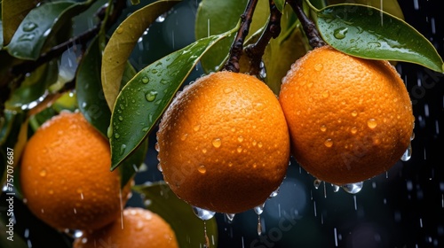 Fresh ripe oranges covered with dew droplets on tree branches in the morning sunlight photo