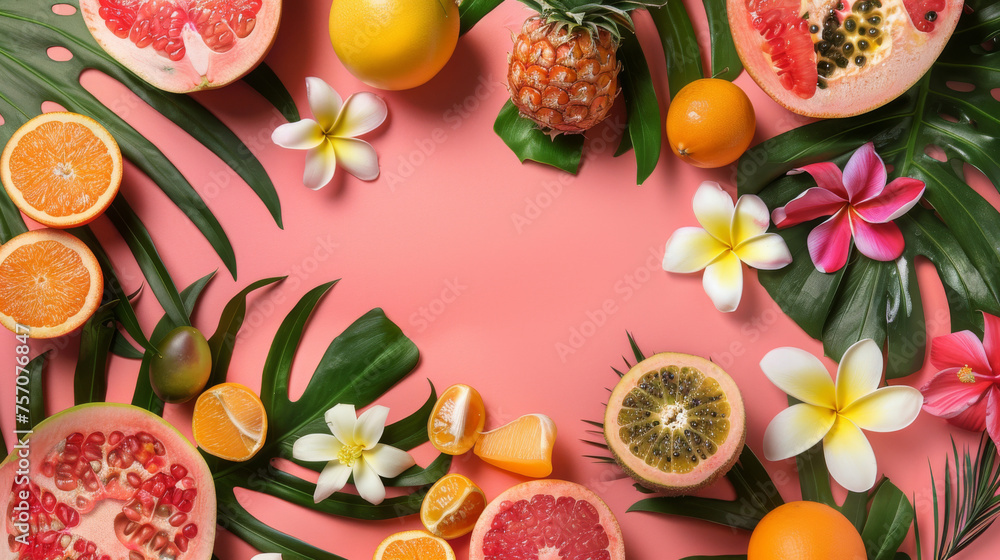 Tropical Fruit Assortment on Pink Background with Floral Accents Tropical Fruit Assortment on Pink Background with Floral Accents
